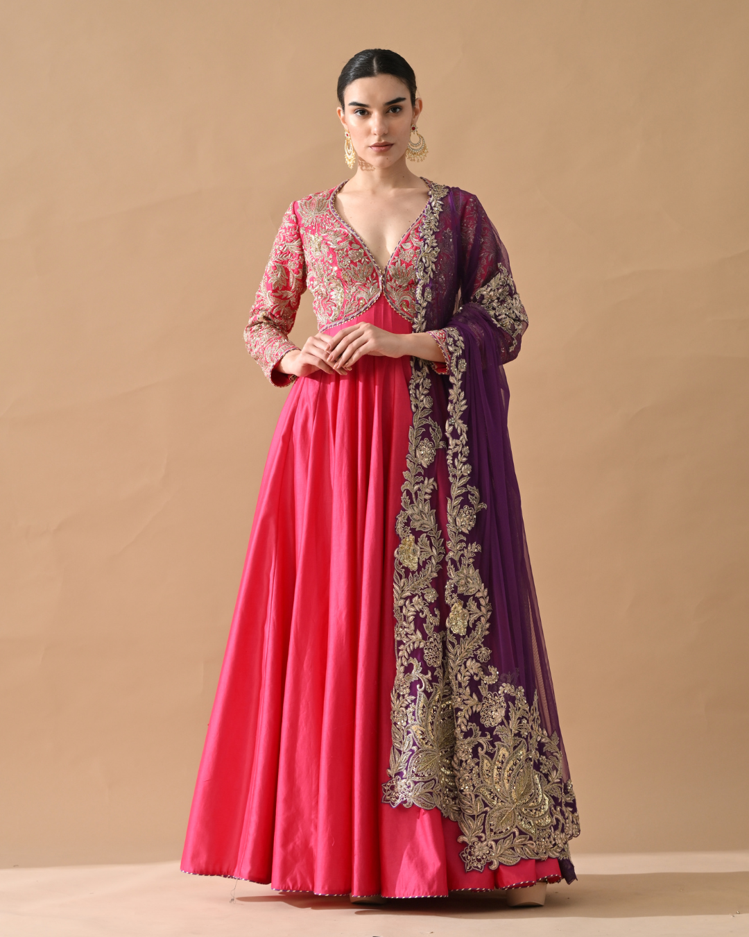 Mazenta Embroidered Cotton Silk Anarkali