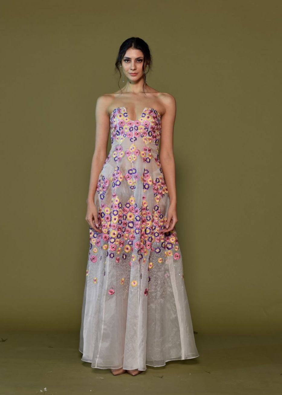 Floral Illusion Embroidered strapless gown