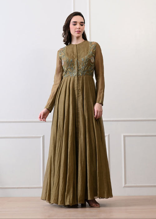 A sophisticated long olive dress showcasing subtle floral embroidery