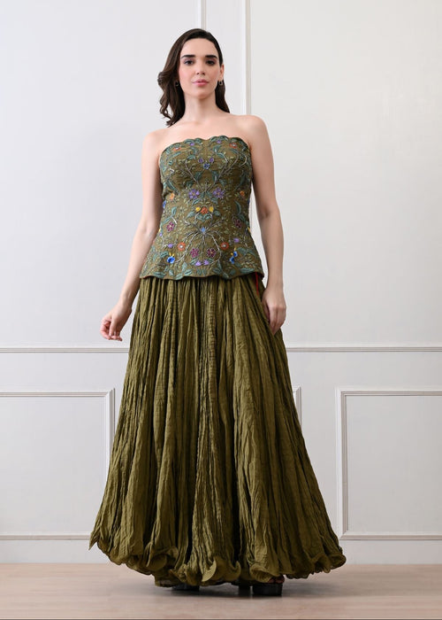 Merlot bloom olive corset Set