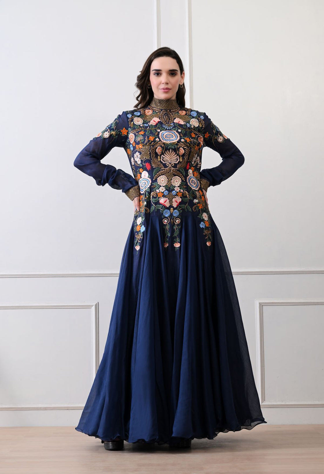A elegant black floor-length anarkali-style dress