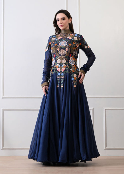 A elegant black floor-length anarkali-style dress