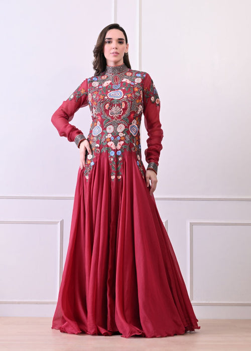 A elegant maroon floor-length anarkali-style dress