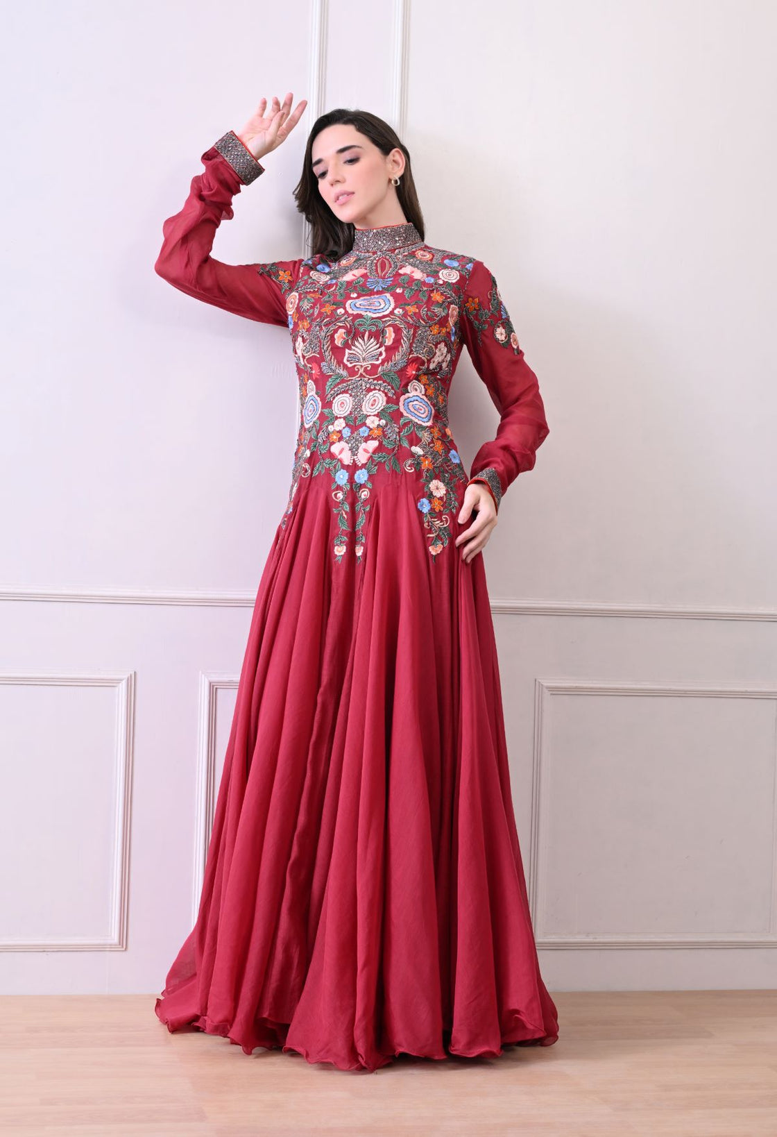 A elegant maroon floor-length anarkali-style dress