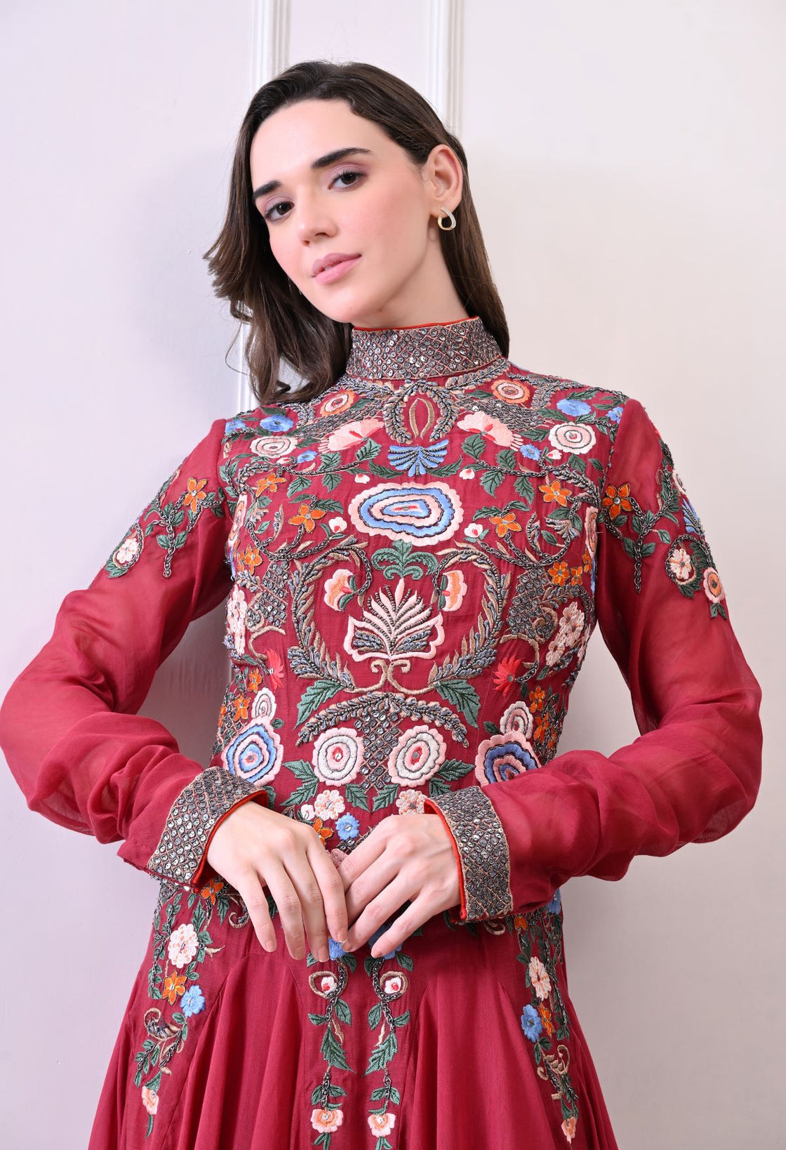 A elegant maroon floor-length anarkali-style dress