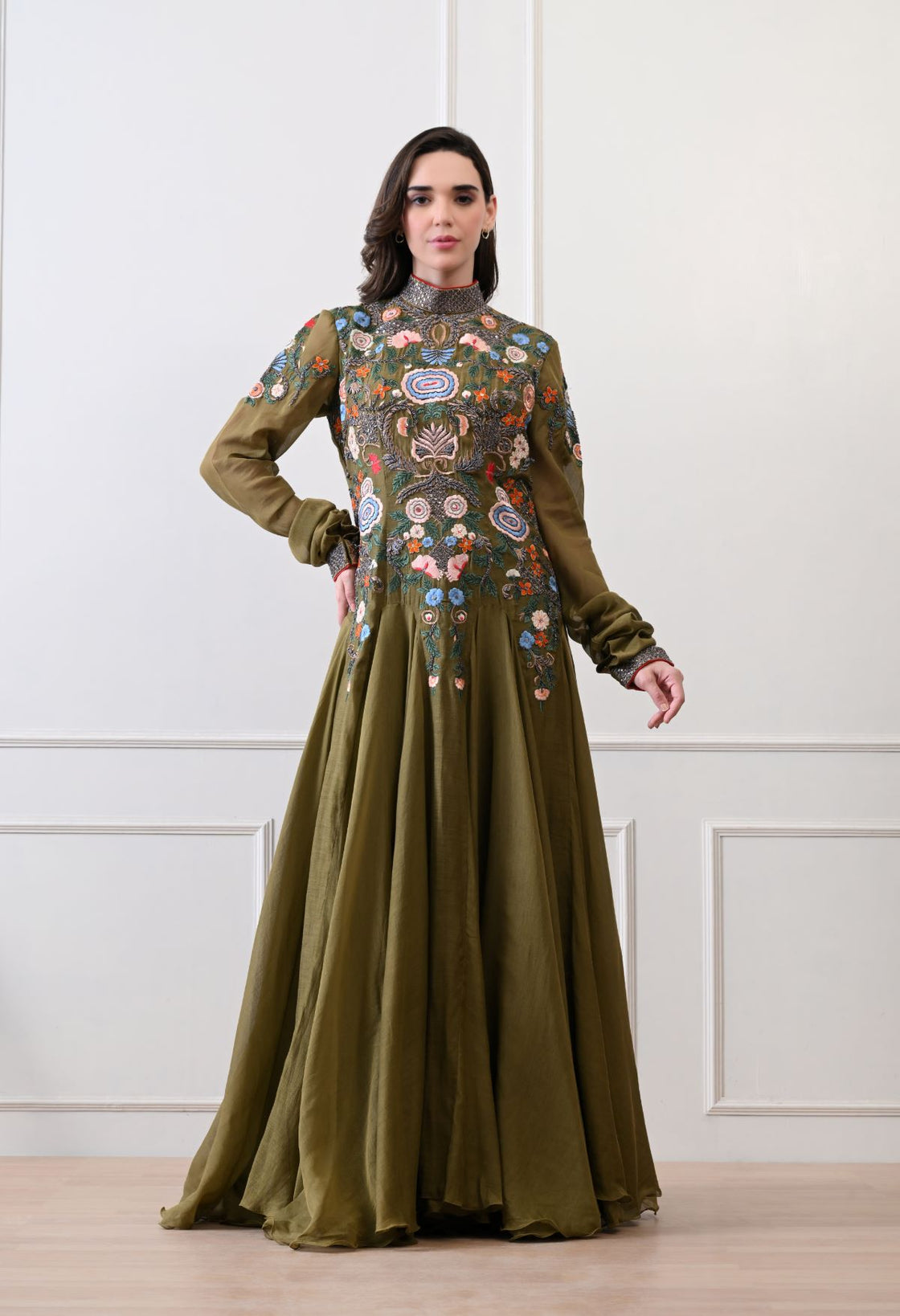 A elegant olive floor-length anarkali-style dress
