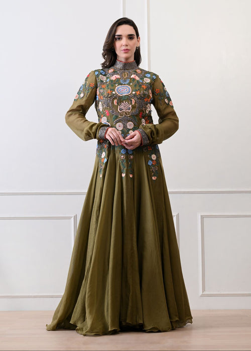 A elegant olive floor-length anarkali-style dress