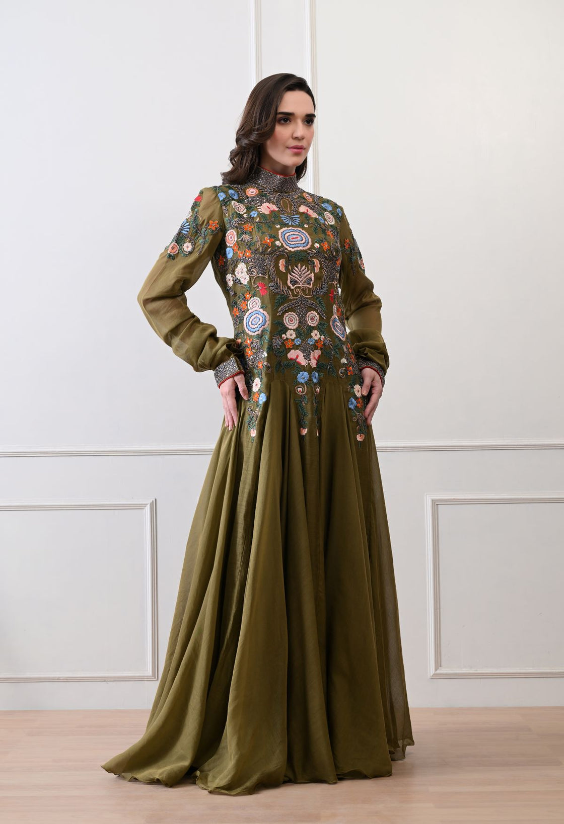 A elegant olive floor-length anarkali-style dress