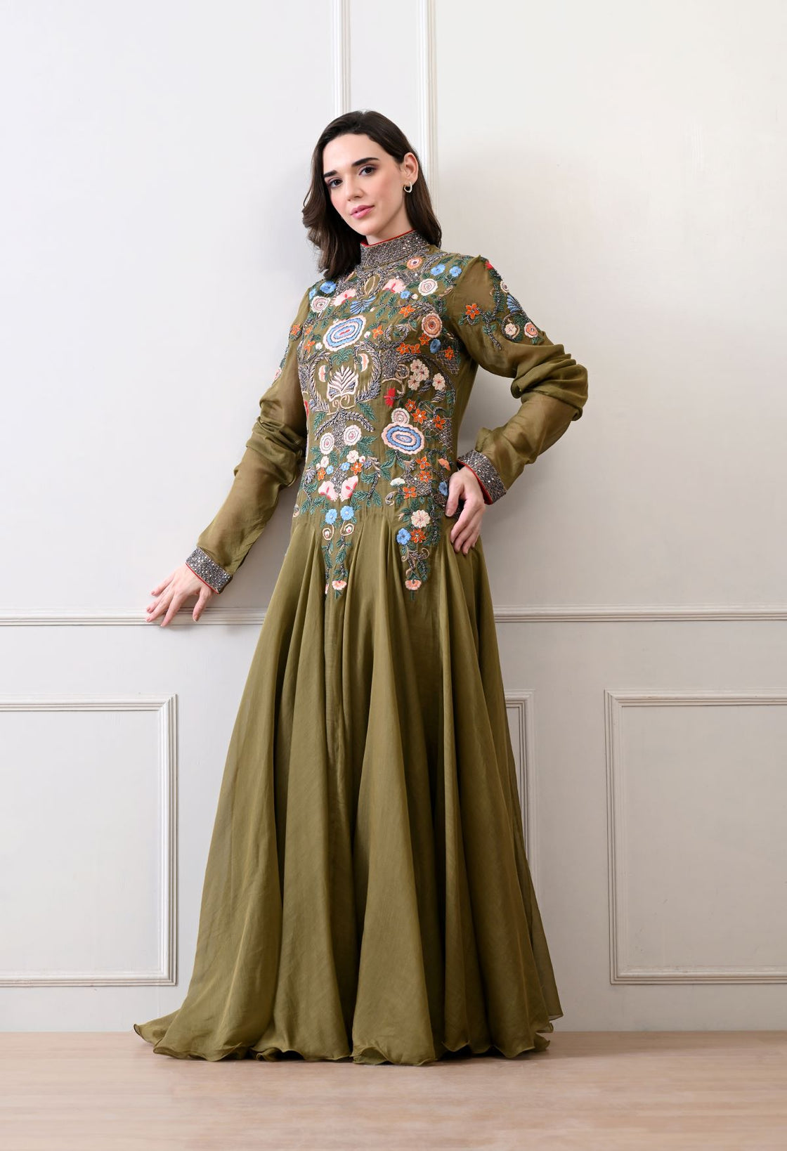 A elegant olive floor-length anarkali-style dress