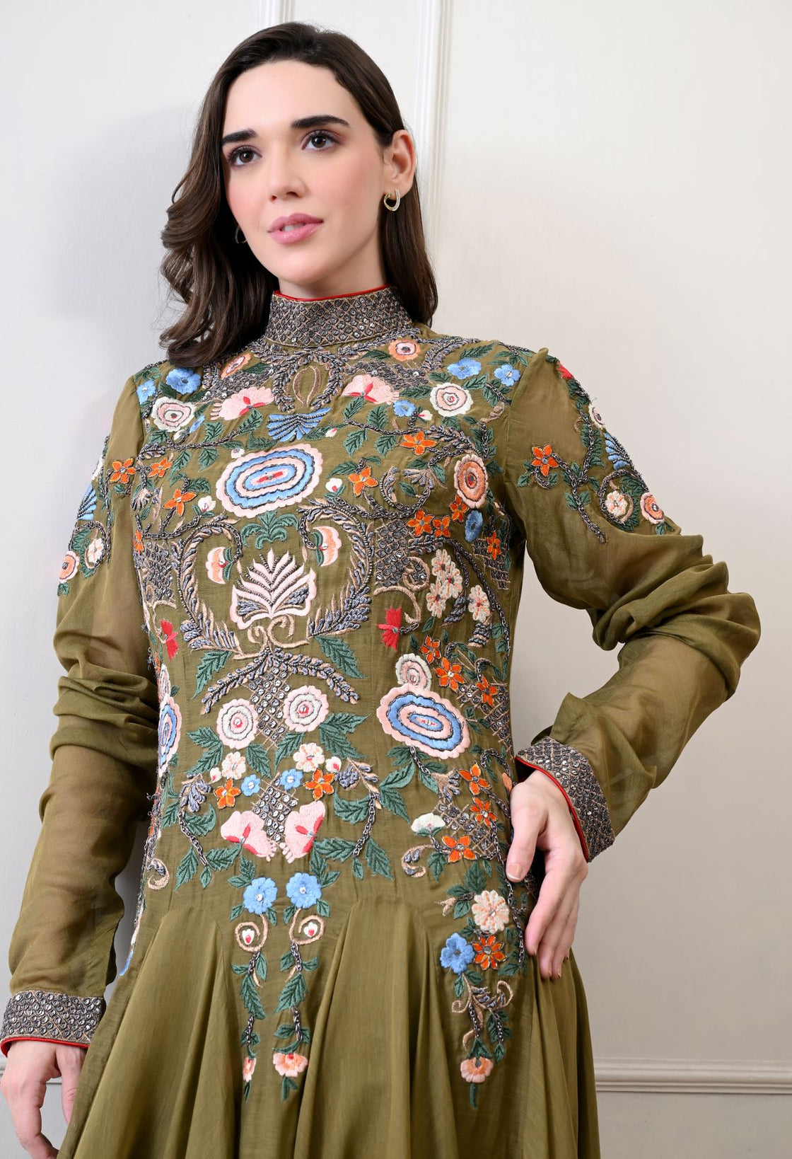 A elegant olive floor-length anarkali-style dress