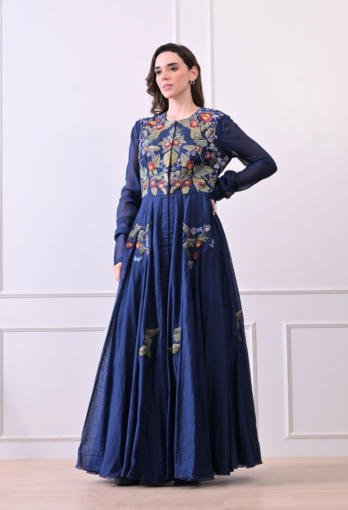 A elegant blue floor-length anarkali-style dress