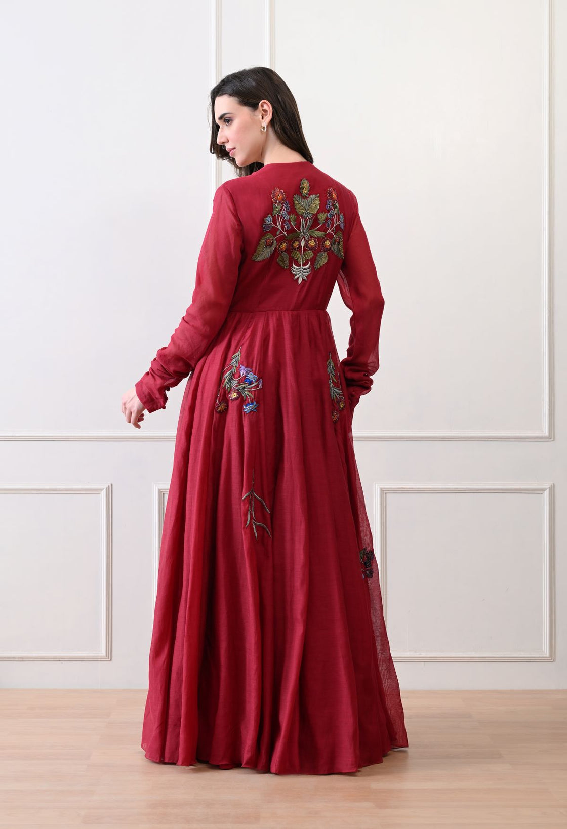 A elegant maroon floor-length anarkali-style dress