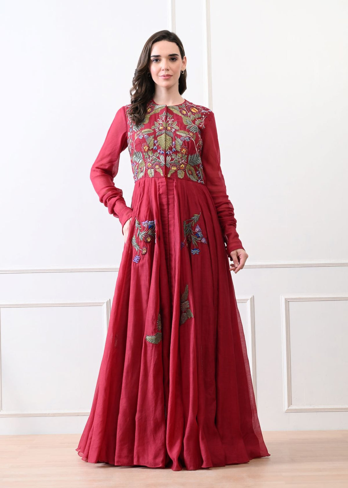 A elegant maroon floor-length anarkali-style dress