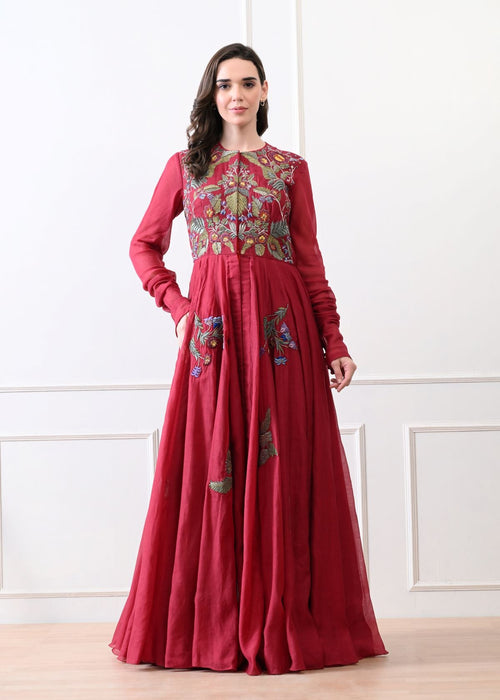 A elegant maroon floor-length anarkali-style dress