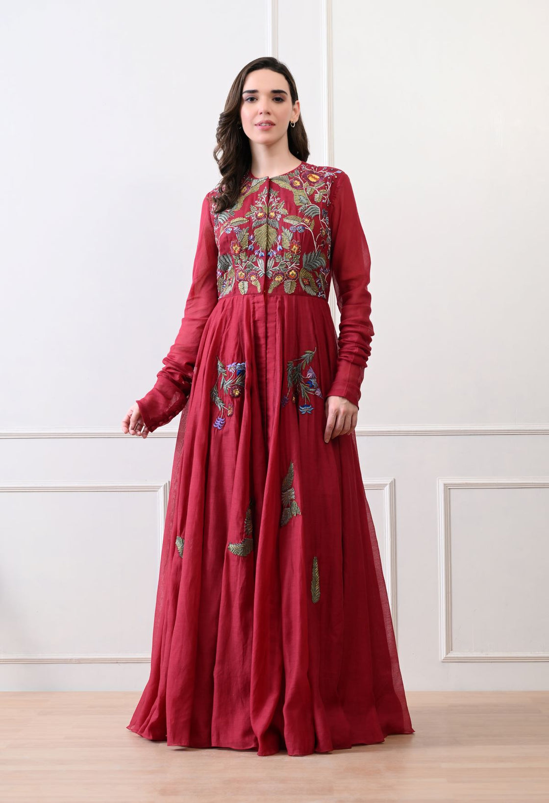 A elegant maroon floor-length anarkali-style dress