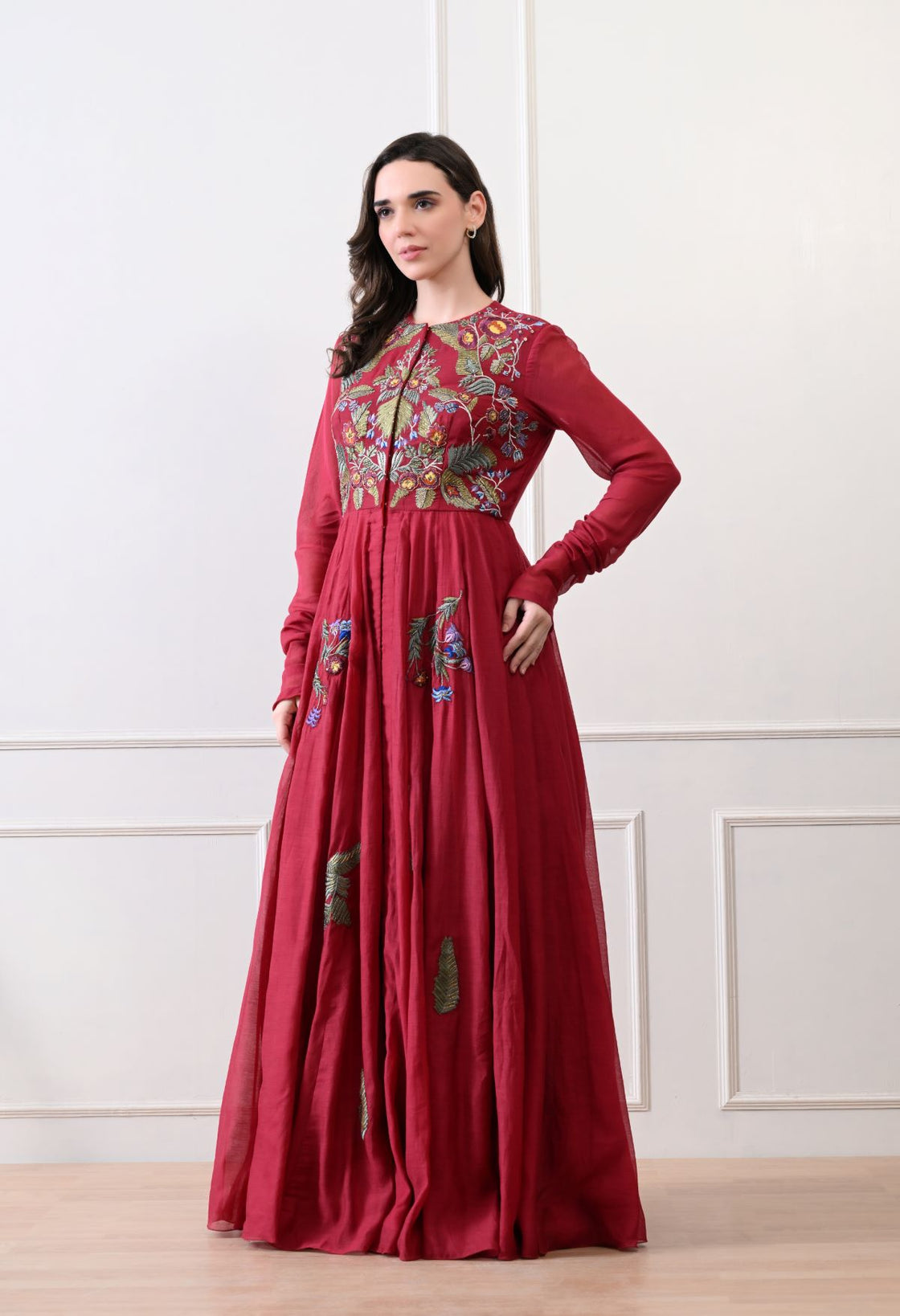 A elegant maroon floor-length anarkali-style dress