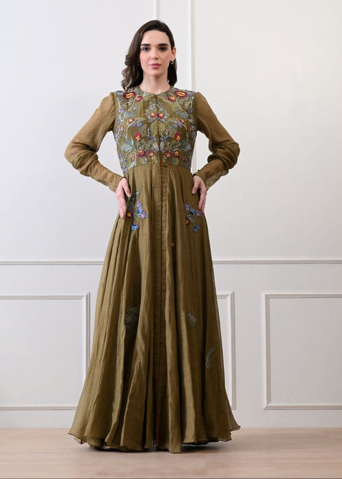 A elegant olive floor-length anarkali-style dress