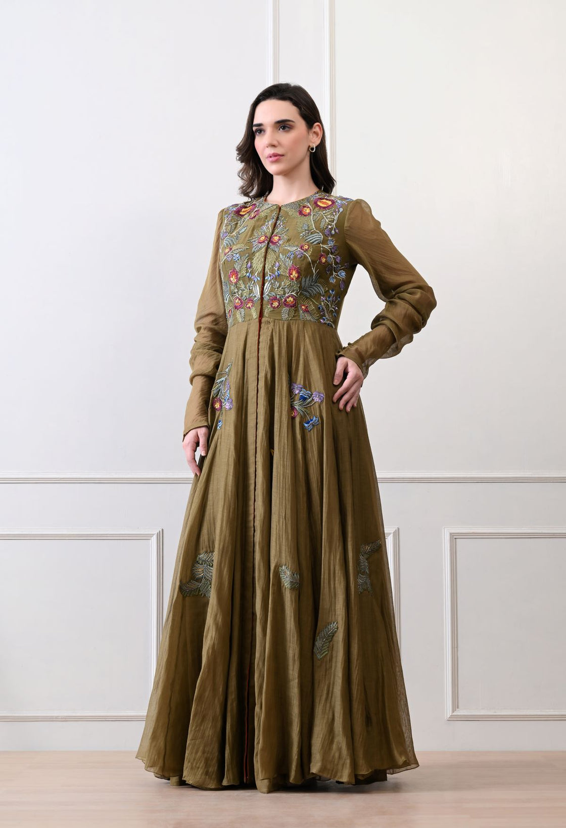 A elegant olive floor-length anarkali-style dress