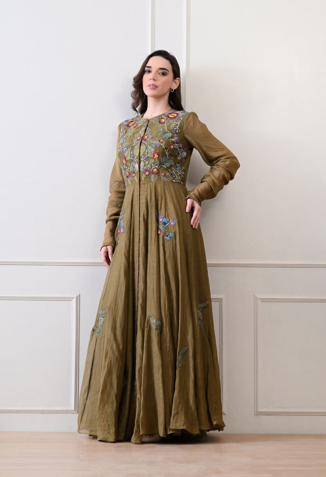 A elegant olive floor-length anarkali-style dress