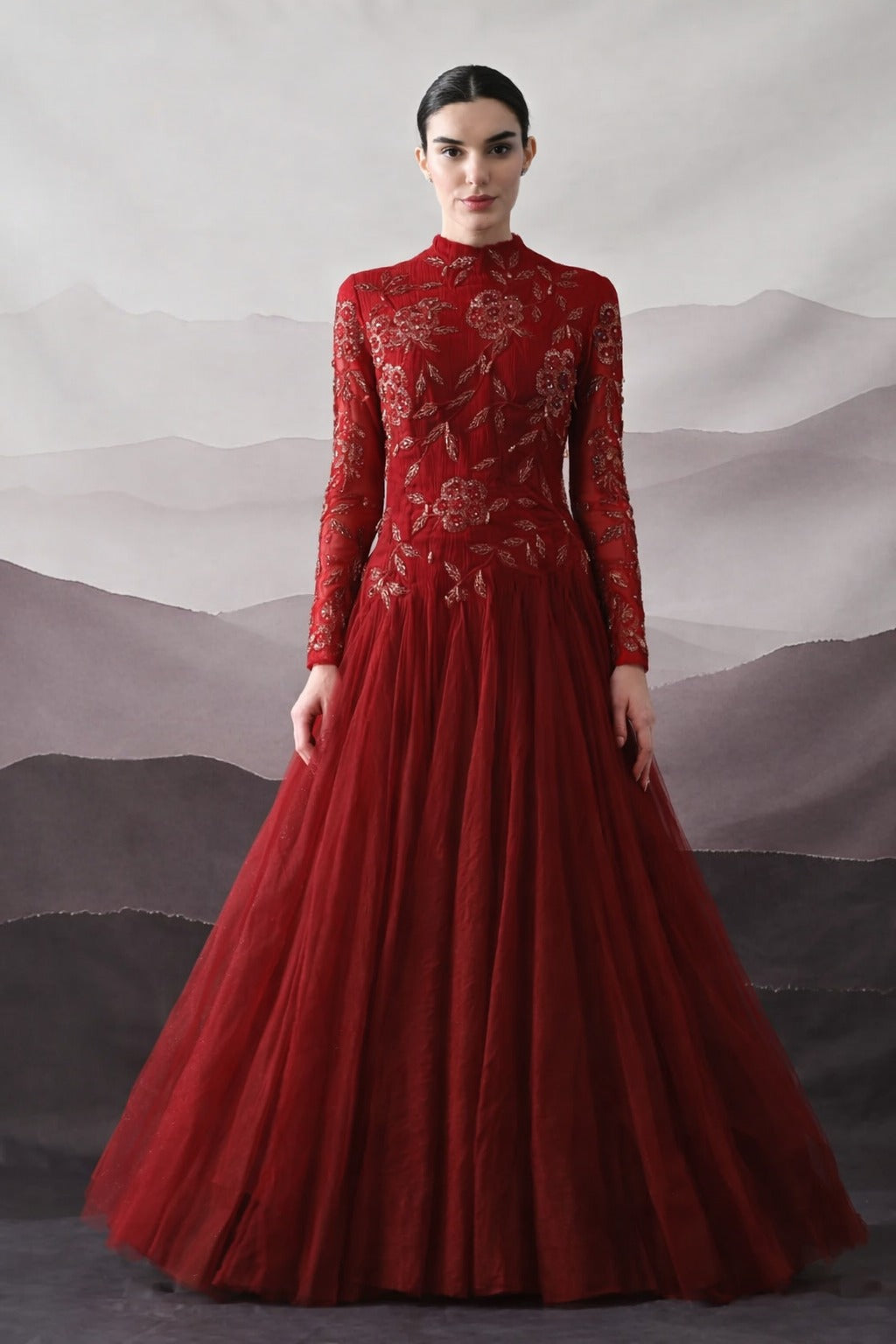 Red Hand-Embroidered Sleeveless Gown