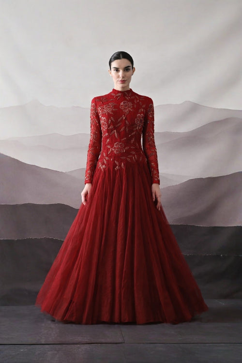 Red Hand-Embroidered Sleeveless Gown