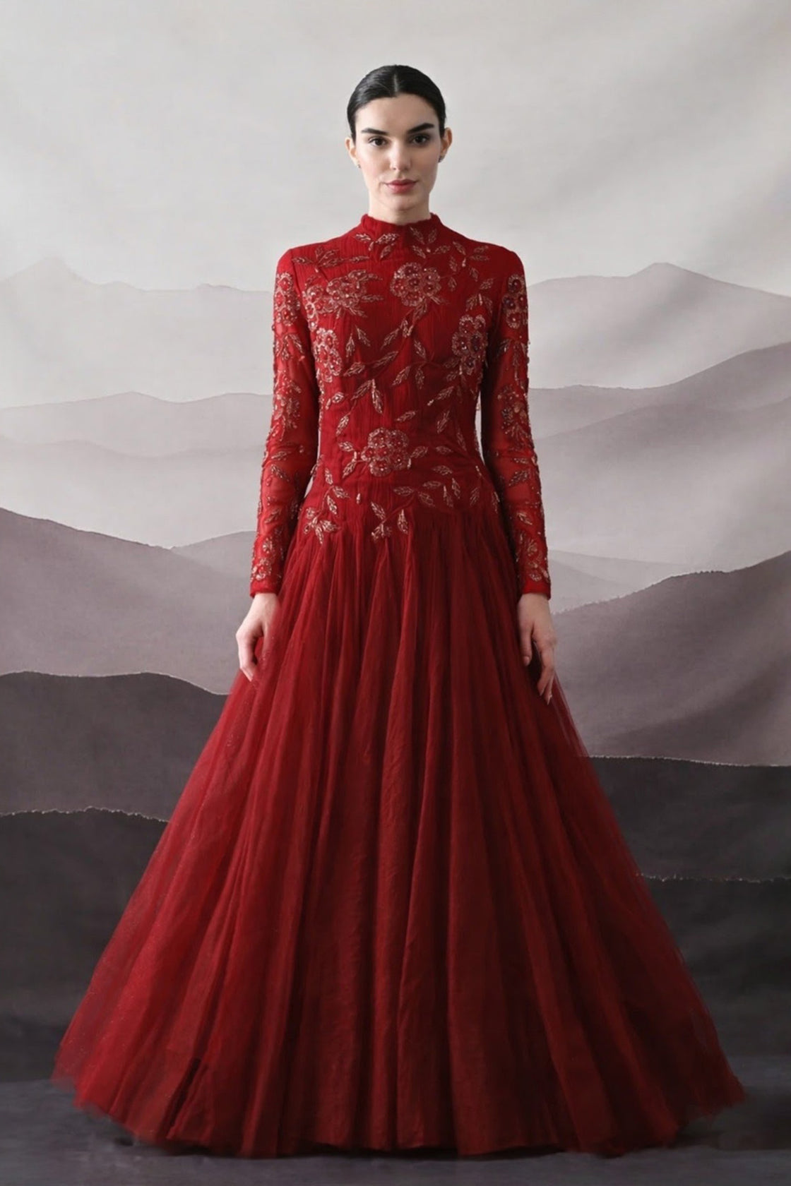 Red Hand-Embroidered Sleeveless Gown