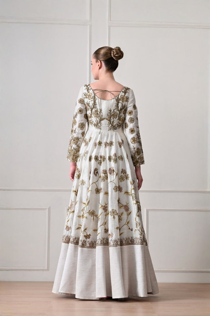 Ivory Floral Zari Anarkali Gown with Pin-Tucked Hem