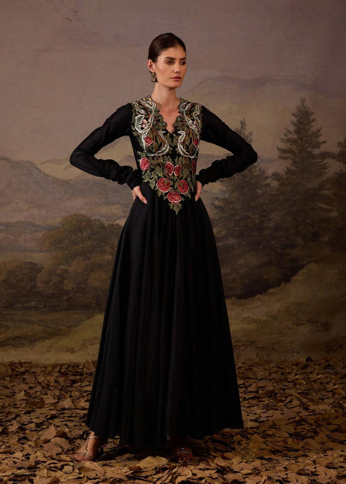 A beautiful black dress featuring bold floral embroidery - samantchauhan Apparel & Accessories