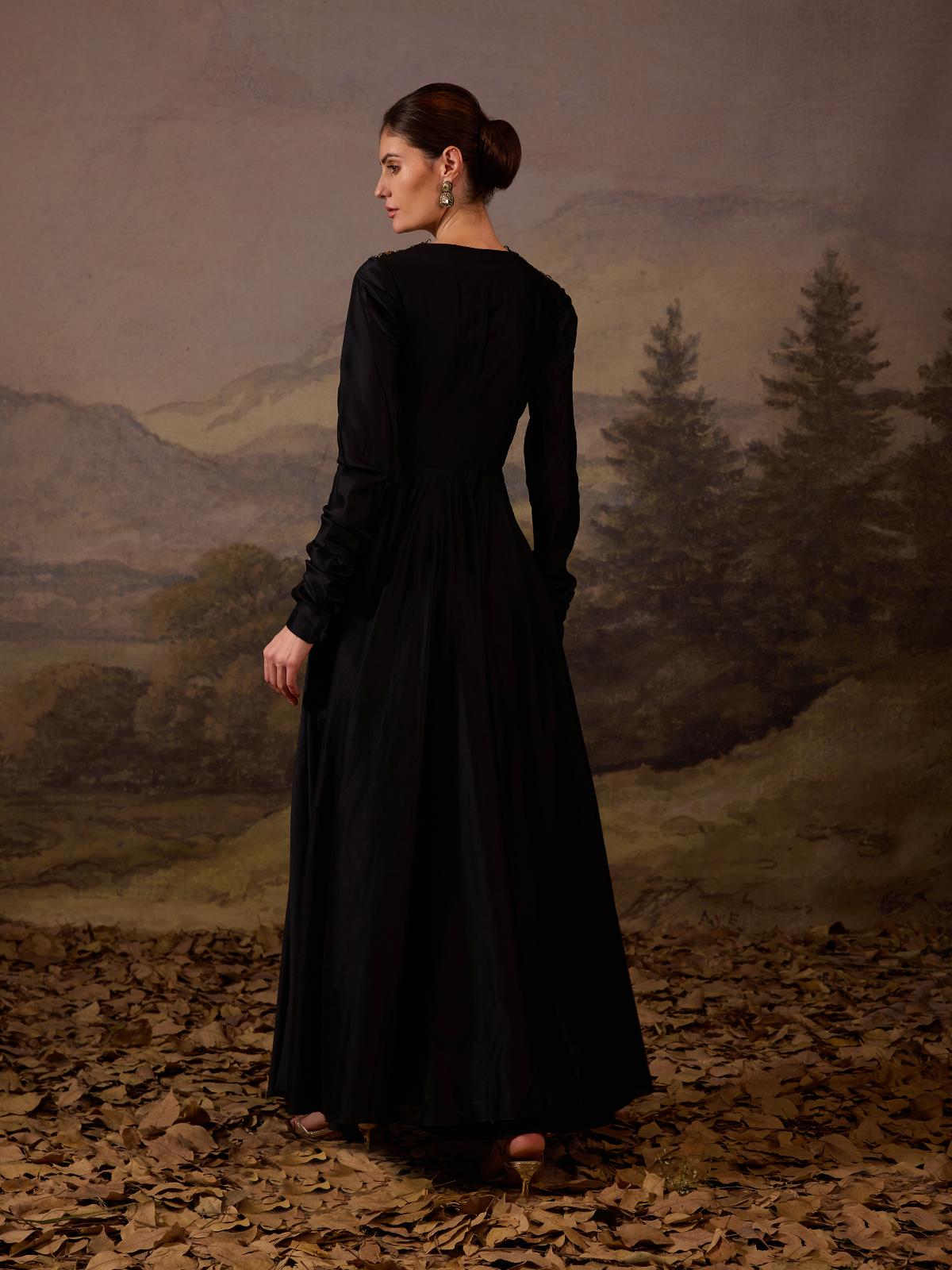 A beautiful black dress featuring bold floral embroidery - samantchauhan Apparel & Accessories