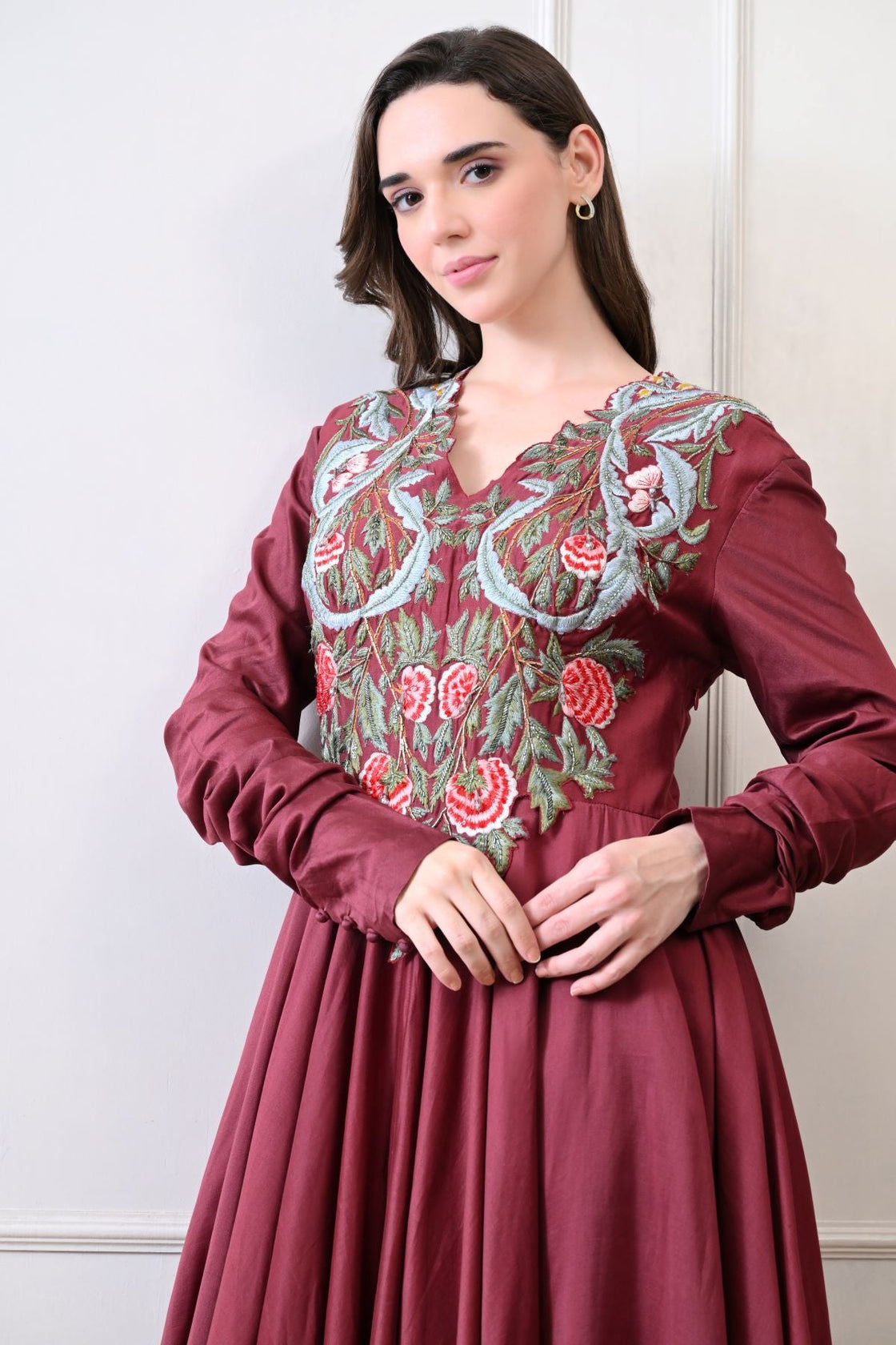 A beautiful maroon dress featuring bold floral embroidery - samantchauhan Apparel & Accessories