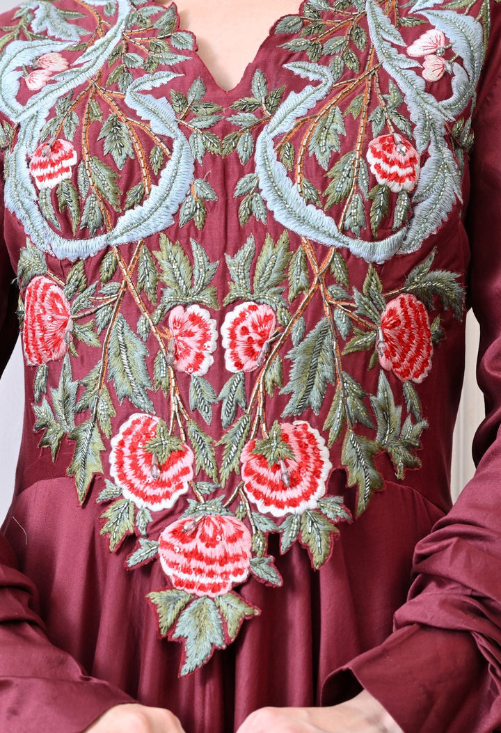 A beautiful maroon dress featuring bold floral embroidery - samantchauhan Apparel &amp; Accessories