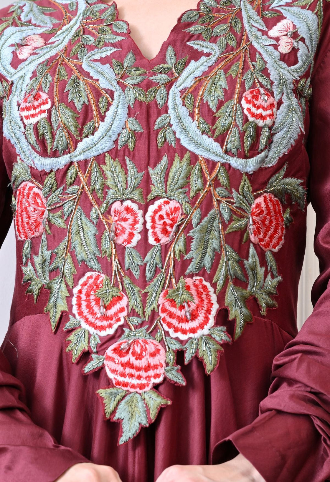 A beautiful maroon dress featuring bold floral embroidery - samantchauhan Apparel & Accessories