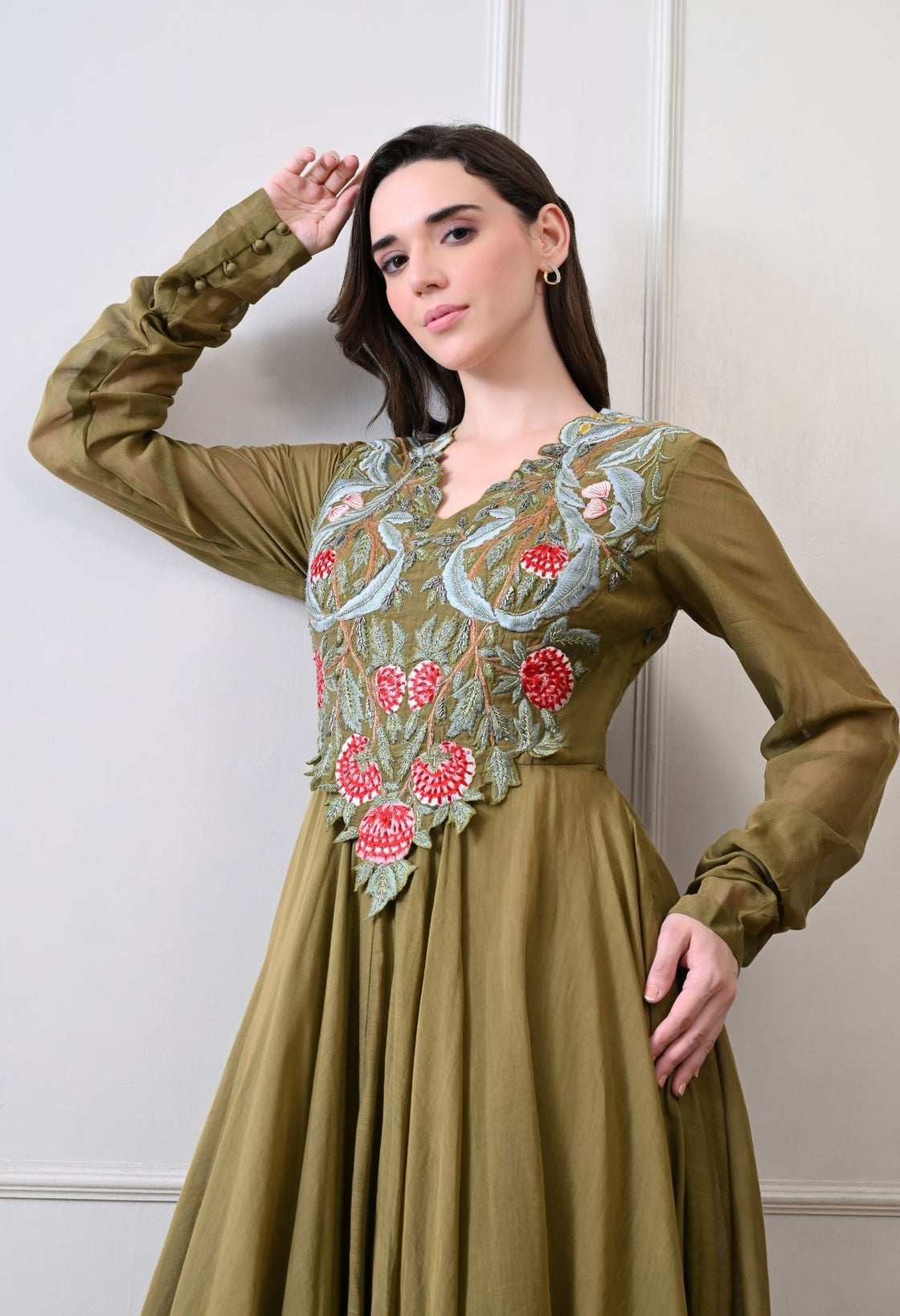 A beautiful olive dress featuring bold floral embroidery - samantchauhan Apparel & Accessories