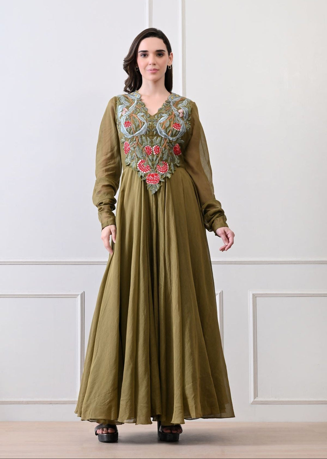 A beautiful olive dress featuring bold floral embroidery - samantchauhan Apparel & Accessories