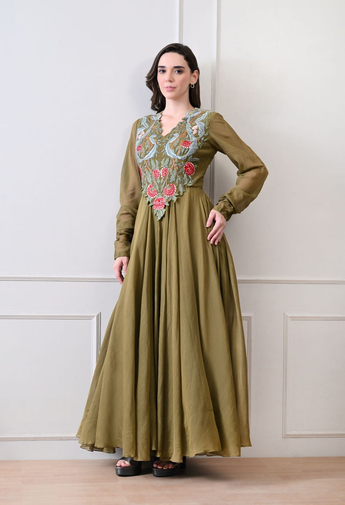 A beautiful olive dress featuring bold floral embroidery - samantchauhan Apparel & Accessories
