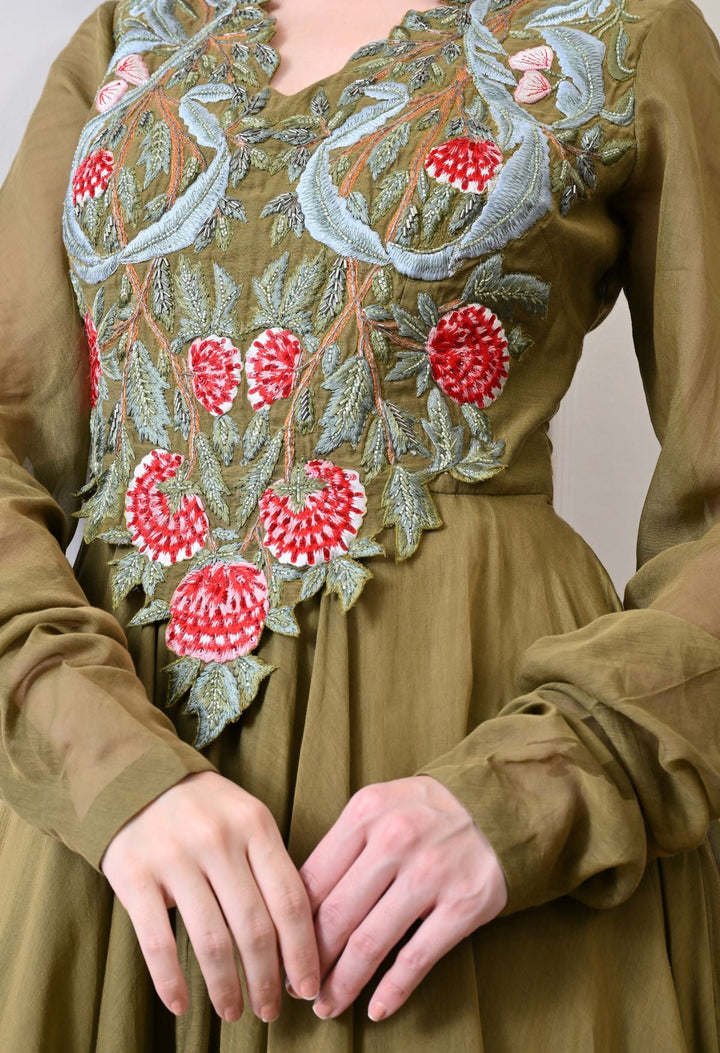 A beautiful olive dress featuring bold floral embroidery - samantchauhan Apparel &amp; Accessories