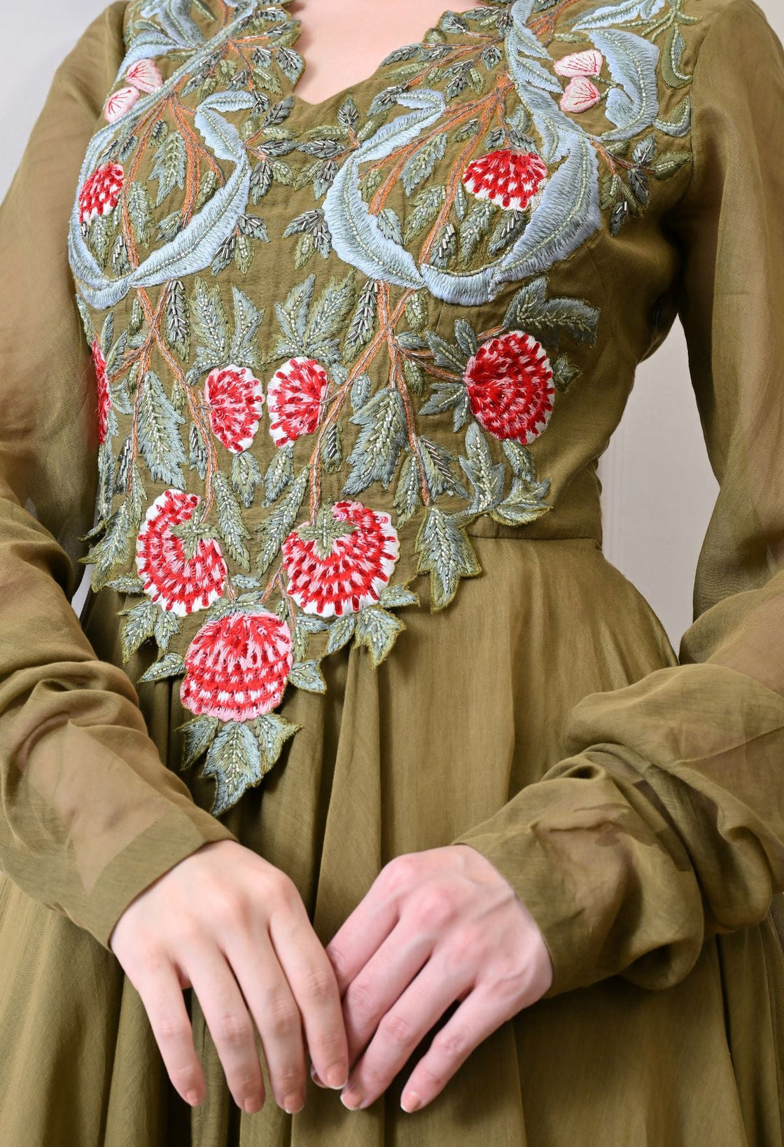 A beautiful olive dress featuring bold floral embroidery - samantchauhan Apparel & Accessories