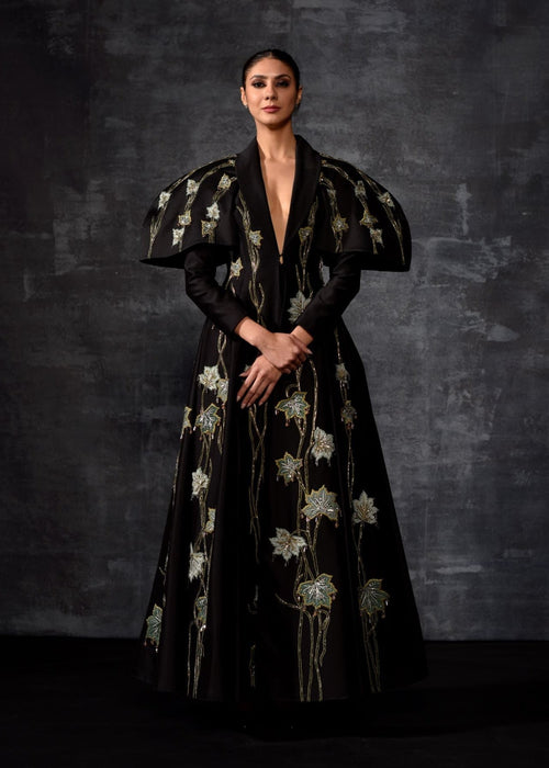 A black cotton silk fabric floor length gown with lapel neck line - samantchauhan Apparel & Accessories