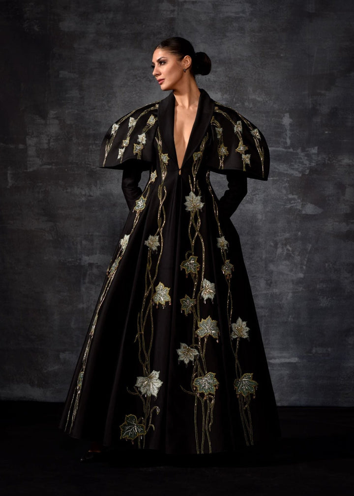 A black cotton silk fabric floor length gown with lapel neck line - samantchauhan Apparel &amp; Accessories