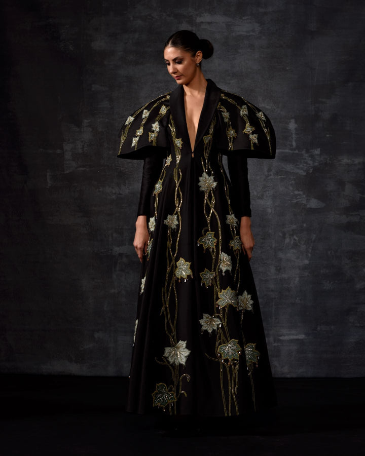 A black cotton silk fabric floor length gown with lapel neck line - samantchauhan Apparel &amp; Accessories