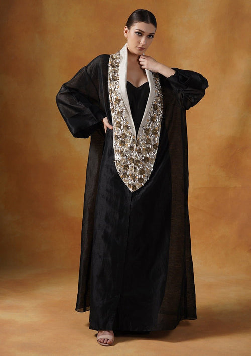 A black floor length lose - fitted gown with an embellished deep yoke neck line. - samantchauhan Apparel & Accessories