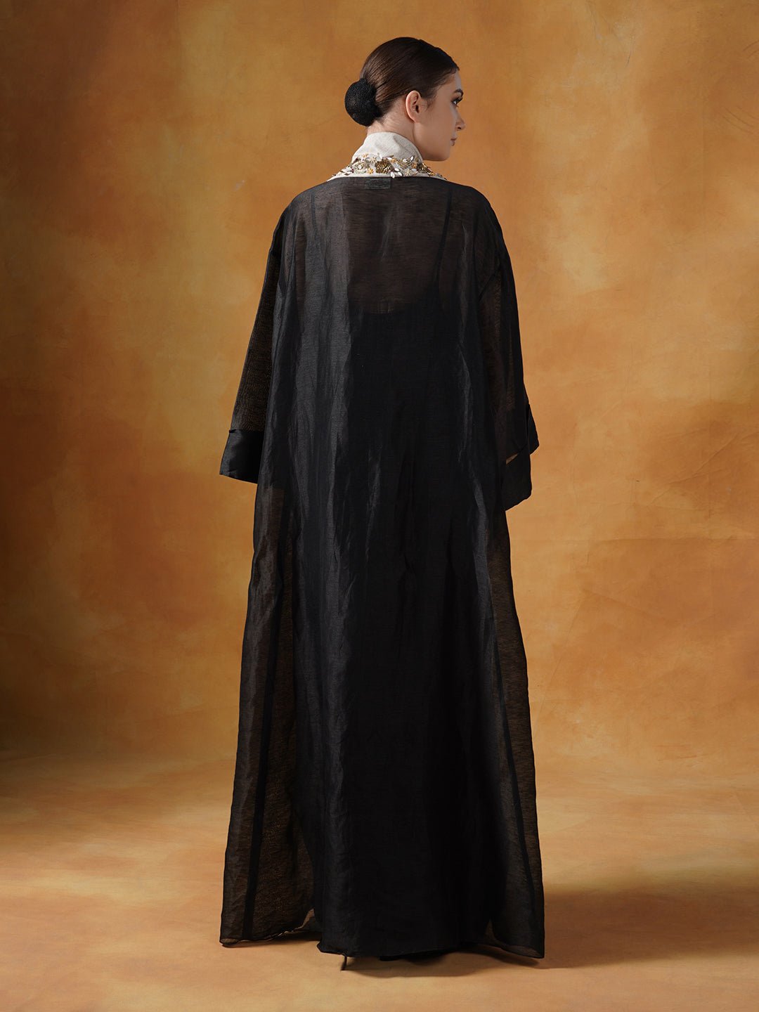 A black floor length lose - fitted gown with an embellished deep yoke neck line. - samantchauhan Apparel & Accessories