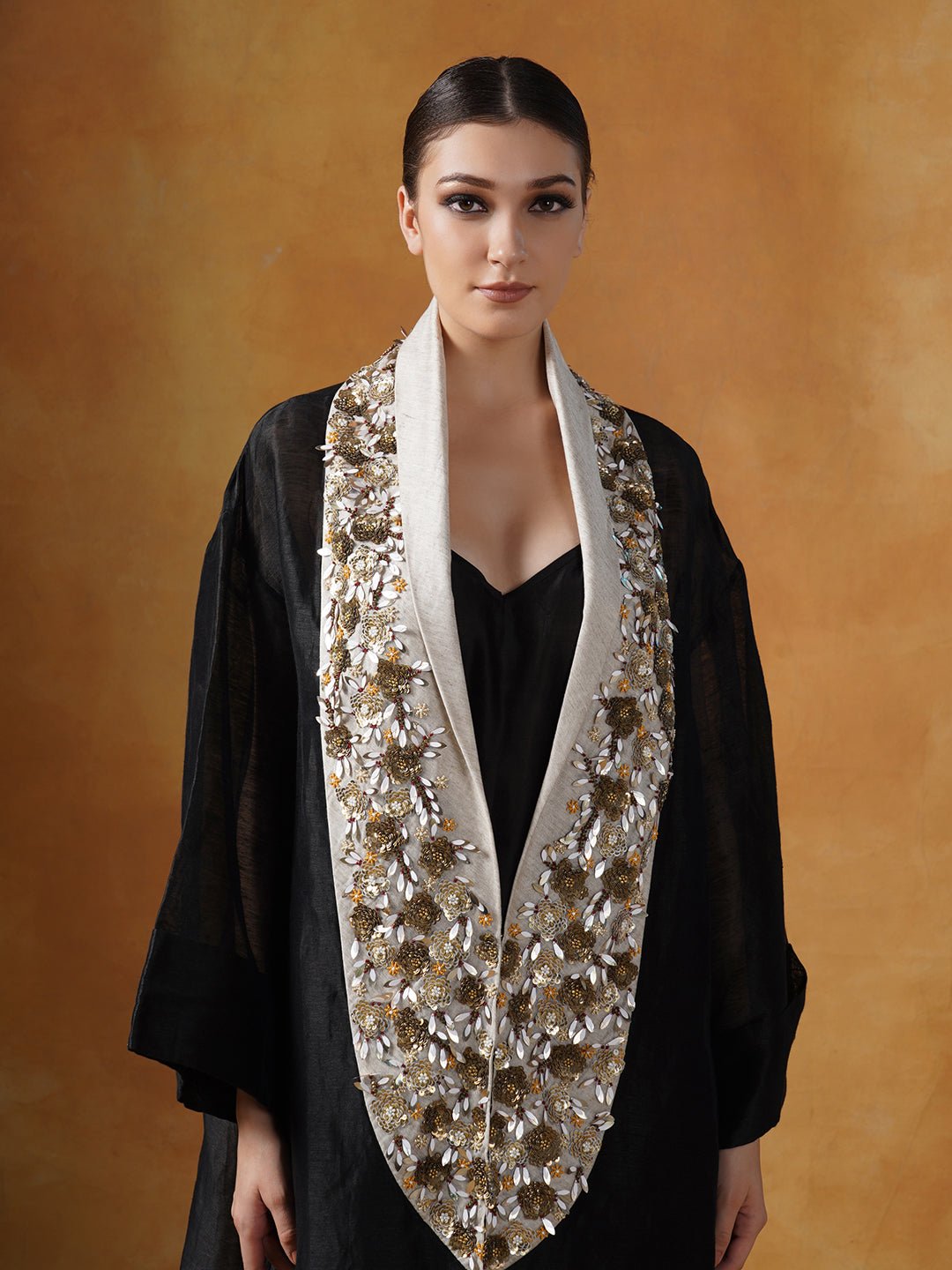 A black floor length lose - fitted gown with an embellished deep yoke neck line. - samantchauhan Apparel & Accessories