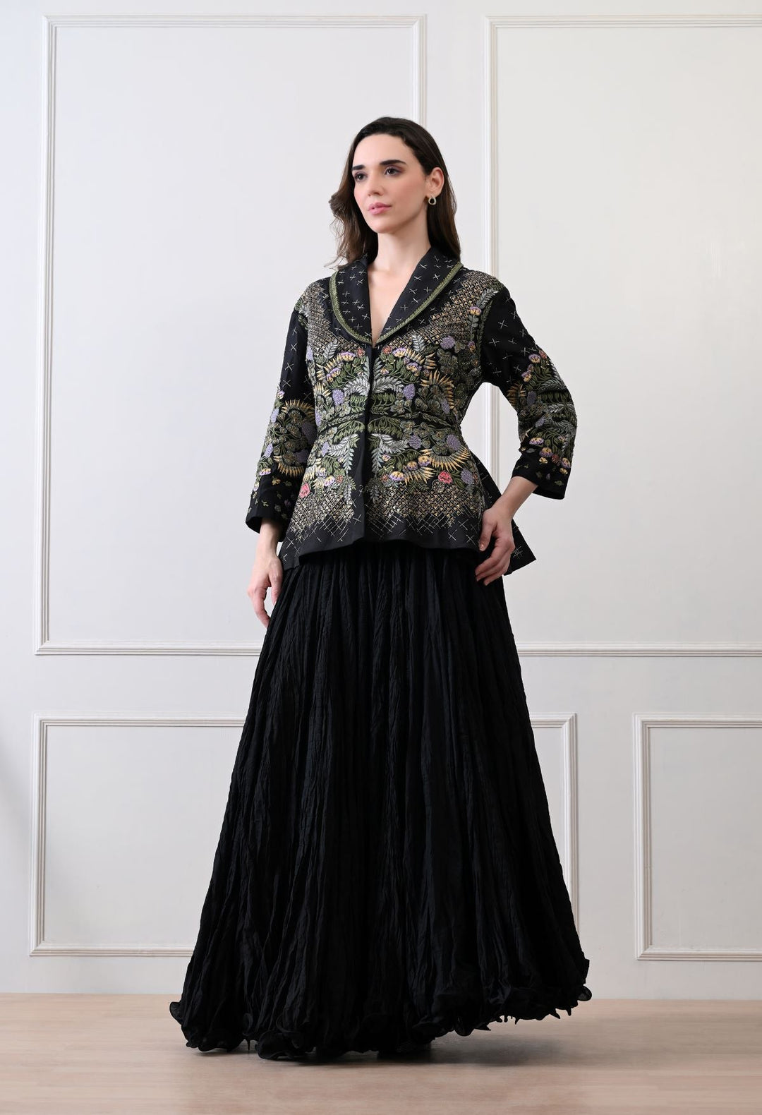 A black jacket features intricate all - over embroidery with skirt - samantchauhan Apparel &amp; Accessories