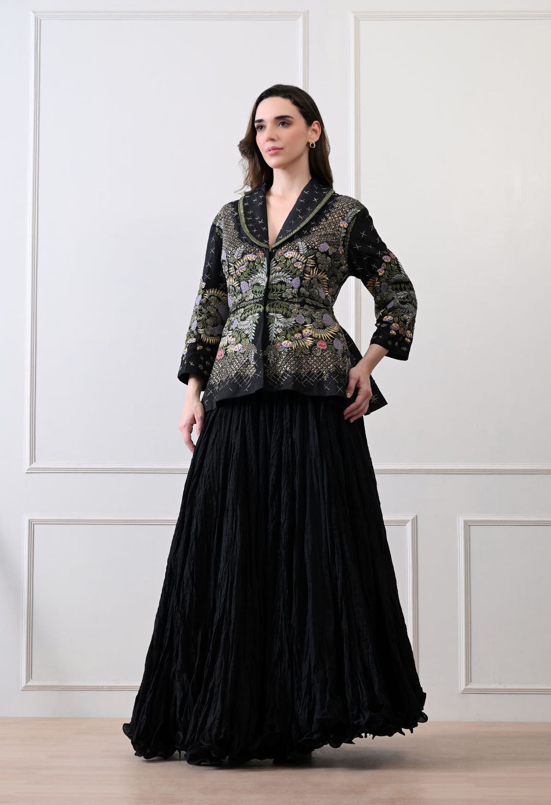 A black jacket features intricate all - over embroidery with skirt - samantchauhan Apparel & Accessories