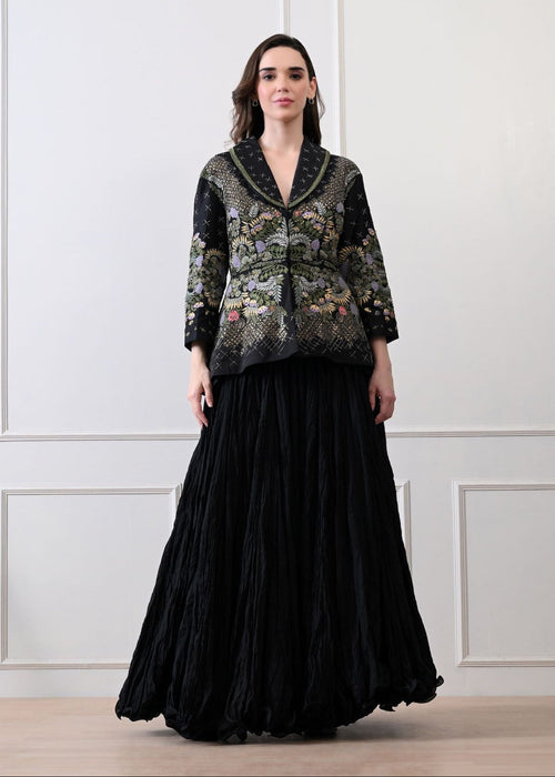 A black jacket features intricate all - over embroidery with skirt - samantchauhan Apparel & Accessories