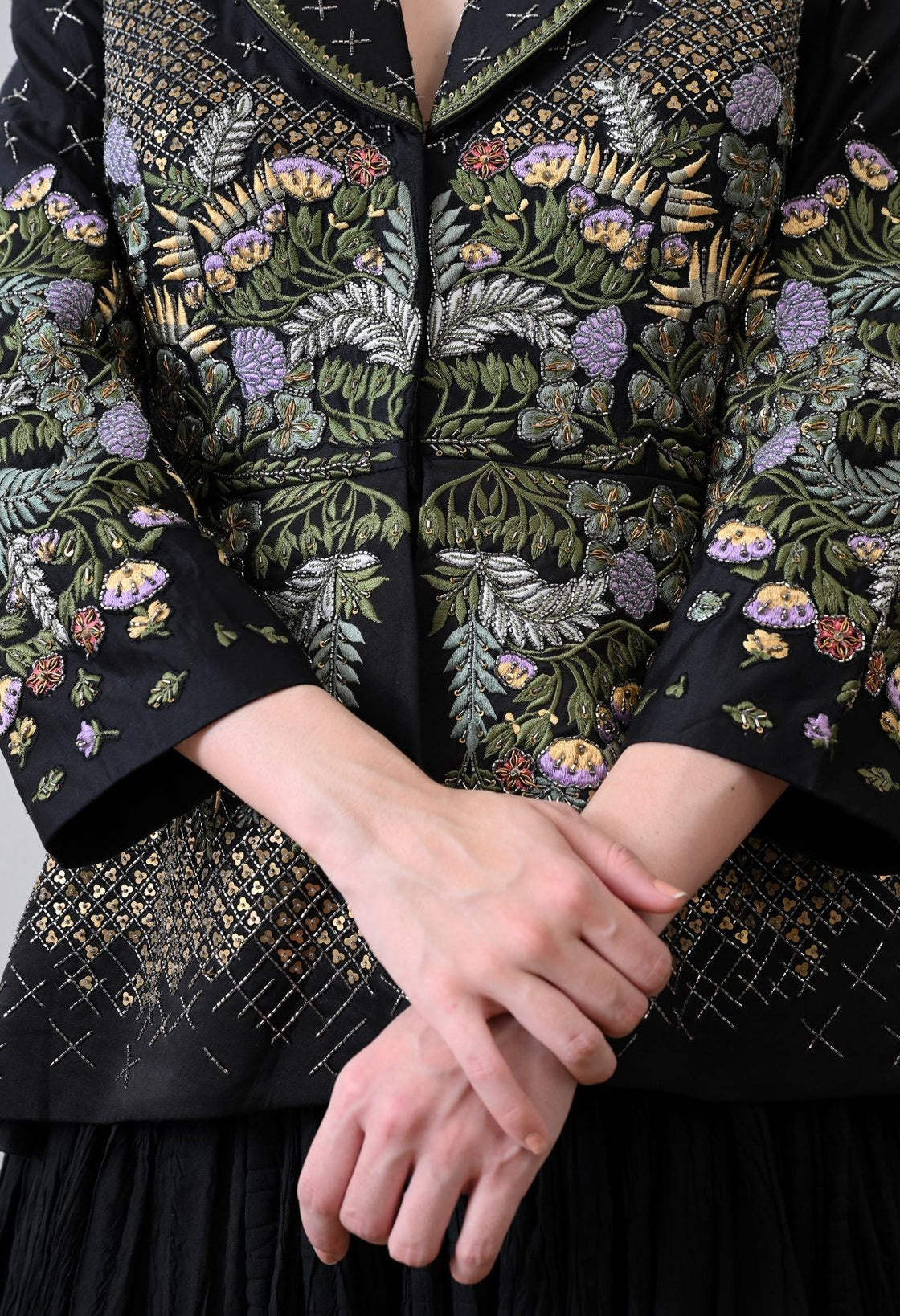 A black jacket features intricate all - over embroidery with skirt - samantchauhan Apparel & Accessories
