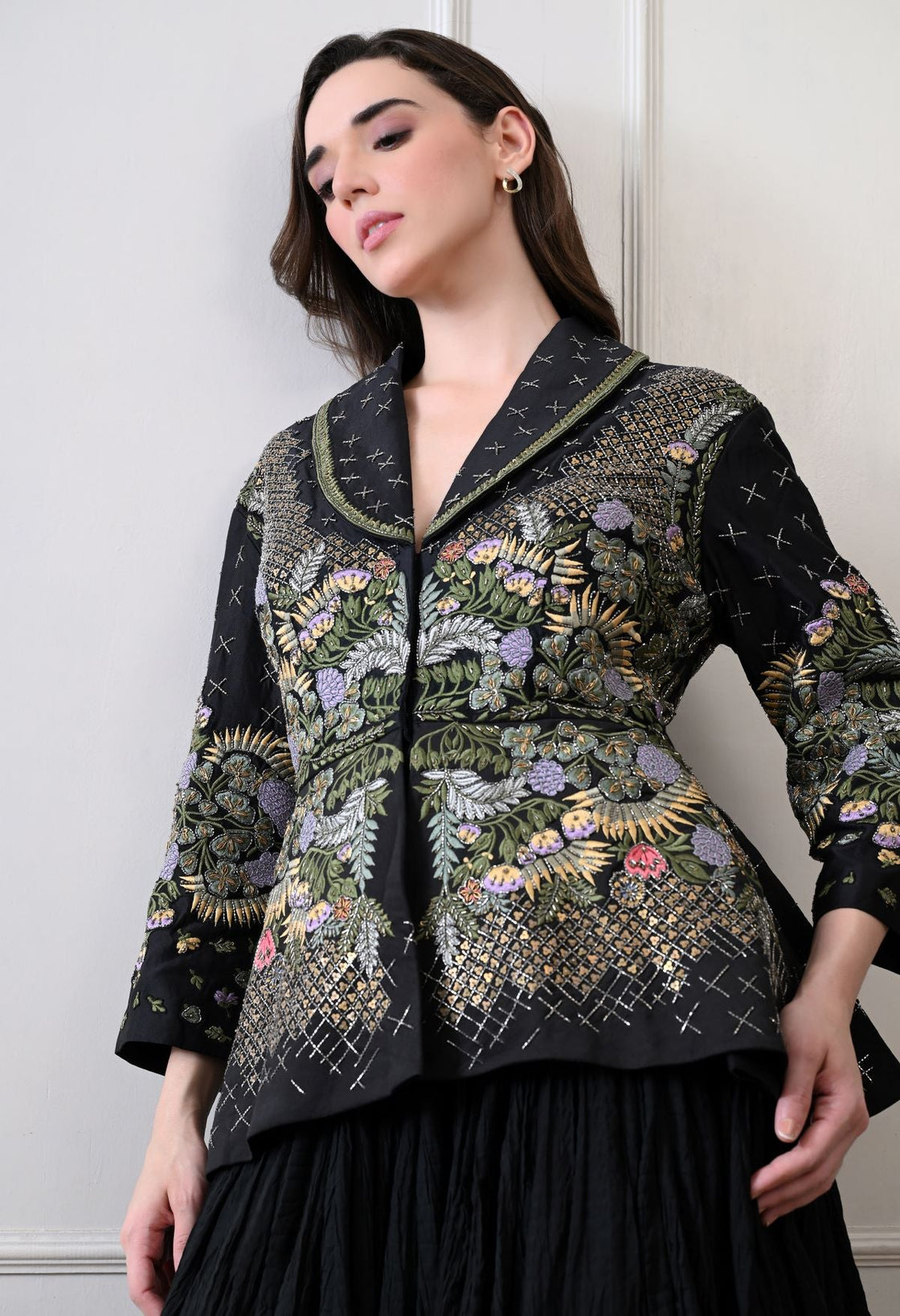 A black jacket features intricate all - over embroidery with skirt - samantchauhan Apparel & Accessories