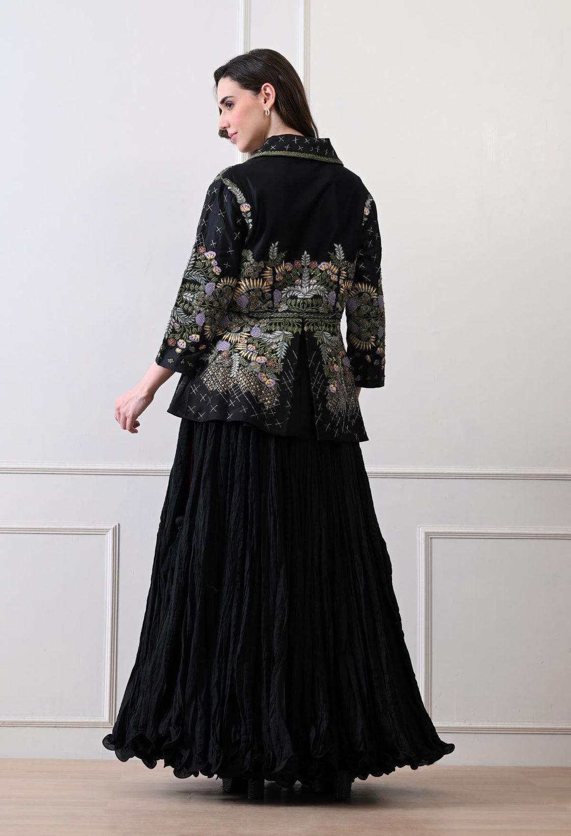 A black jacket features intricate all - over embroidery with skirt - samantchauhan Apparel & Accessories