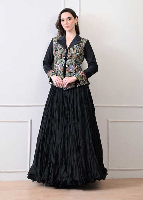 A black jacket features intricate all - over embroidery with skirt - samantchauhan Apparel & Accessories